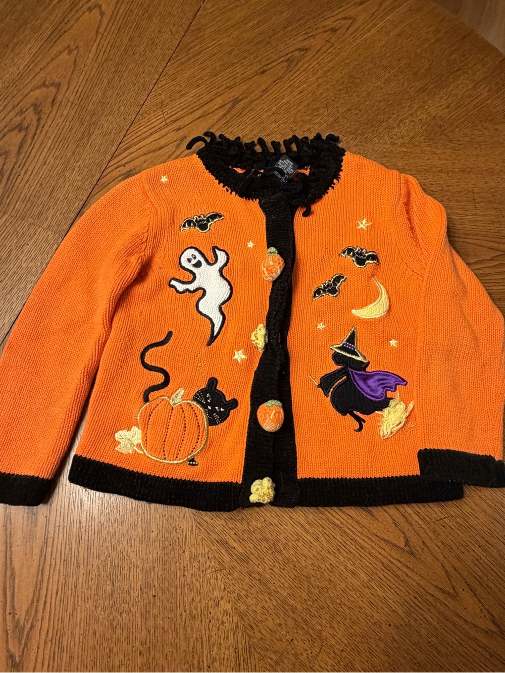 Kids Halloween Embroidered Orange Cardigan Sweater